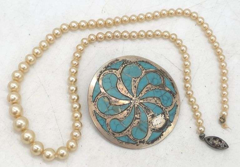 (MC) Sterling Silver Clasp Pearl Necklace & Sterling/Turquoise Brooch, Needs repair.