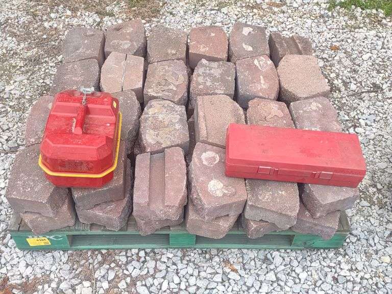 (G) Pallet of Concrete Pavers, Metal 2 Gallon Gas Can, & Triangle Safety Reflector Kit