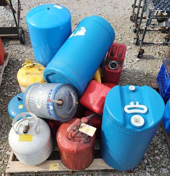 (G) Gas Cans, Propane Tank, 12 Gallon Drums, And More