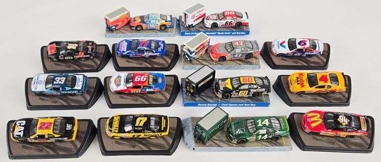 (14) 1/64 Scale Die-Cast Nascar Stock Cars On Display Stands