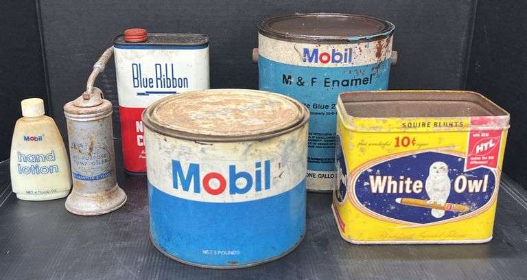 Vintage Mobil Products, Pump Oiler, Neatsfoot Compound, And White Owl Cigar Tin.
