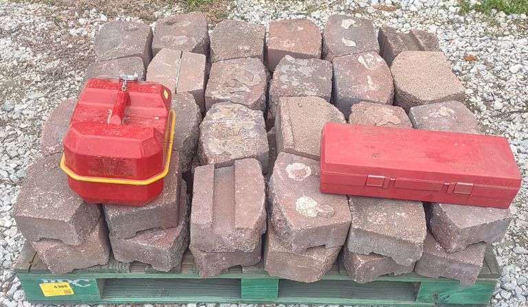 (G) Pallet of Concrete Pavers, Metal 2 Gallon Gas Can, & Triangle Safety Reflector Kit
