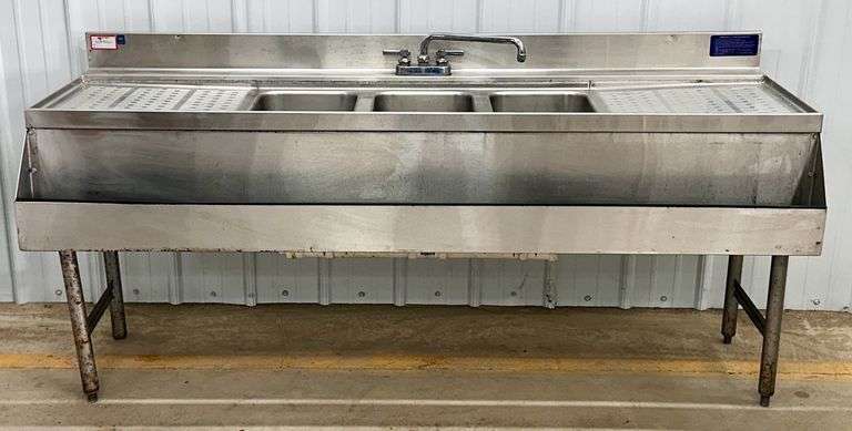 (G) Stainless Steel 3-Compartment Industrial Bar Sink With Drain-Boards & Lower Bottle Shelf
