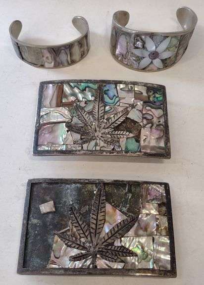 (CC) Vtg. Marijuana Leaf and Floral Abalone Belt Buckles & Cuff Bracelets