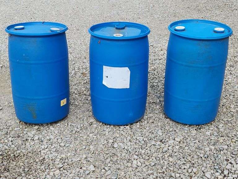 (G) (3) 30 Gallon Plastic Drums and (2) Wooden Spools