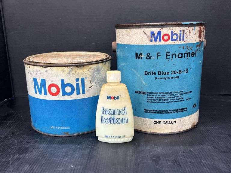 Vintage Mobil Products, Pump Oiler, Neatsfoot Compound, And White Owl Cigar Tin.
