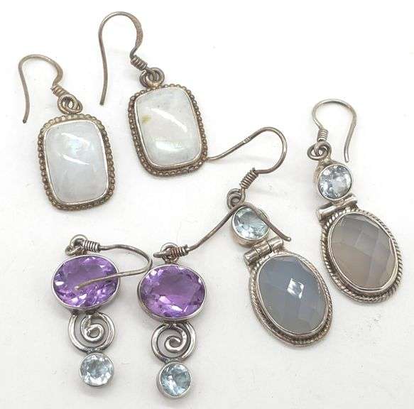 (MN) Sterling Silver Earrings, moonstone, Quartz, Amethyst +