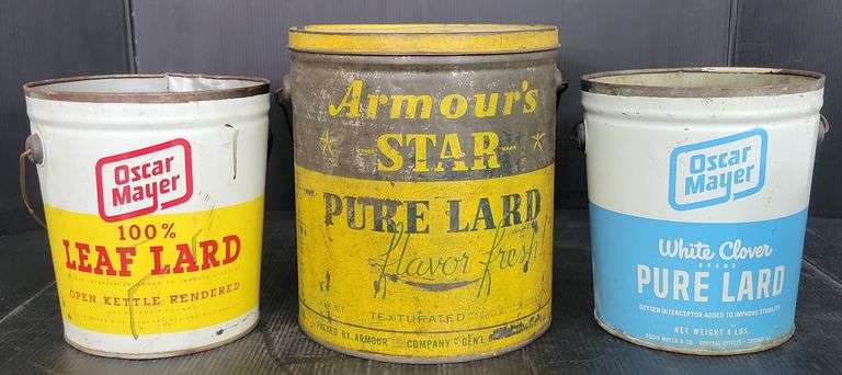 Vintage Metal Oscar Meyer 100% Leaf Lard, Armour's Star Pure Lard, Oscar Meyer White Clover Pure Lar