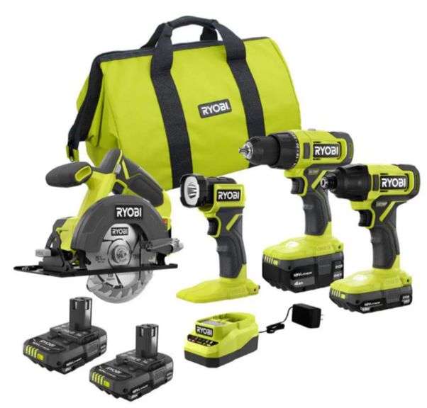 (CC) Ryobi ONE+ 18V Cordless 4-Tool Combo Kit Incl. 1/2" Drill/Driver, 1/4" Impact Driver, 5-1/2" Ci