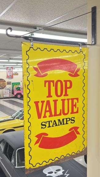 Vintage DST Top Value Stamps Sign w/ Bracket