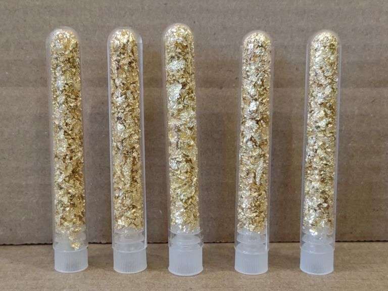 (M) 5 Glass Vials Of Gold Flakes