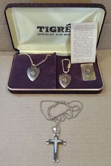 (M) Tigre Brass Tone American Indian Arrowhead Jewelry Set & Silver-Tone 2" Cross Necklace