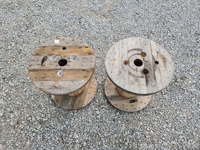 (G) (3) 30 Gallon Plastic Drums and (2) Wooden Spools