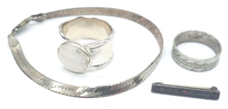 (KC) Two Sterling Silver Rings, Bracelet and Pin