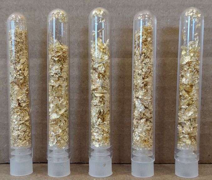 (M) 5 Glass Vials Of Gold Flakes