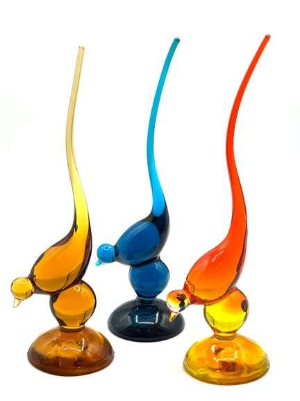 (3) MCM Viking Glass Epic Long Tail Birds