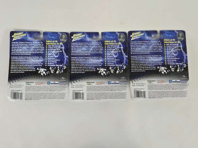 (3) Johnny Lightning Dracula & Frankenstein Die-Cast Cars In Blister Packages