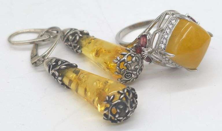 (KC) Jade of Yesteryear Sterling Silver Yellow Jade, Garnet and CZ Ring, 10 & Amber Drop Earrings
