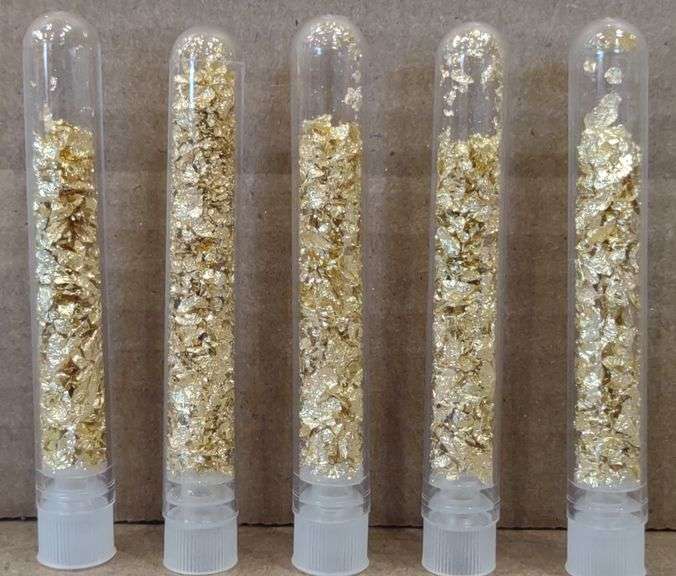 (M) 5 Glass Vials Of Gold Flakes