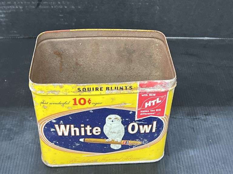 Vintage Mobil Products, Pump Oiler, Neatsfoot Compound, And White Owl Cigar Tin.