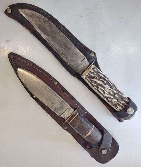(CC) Kronenkrebs & Elasi Solingen German Fixed Blade Hunting Knives w/ Leather Sheaths