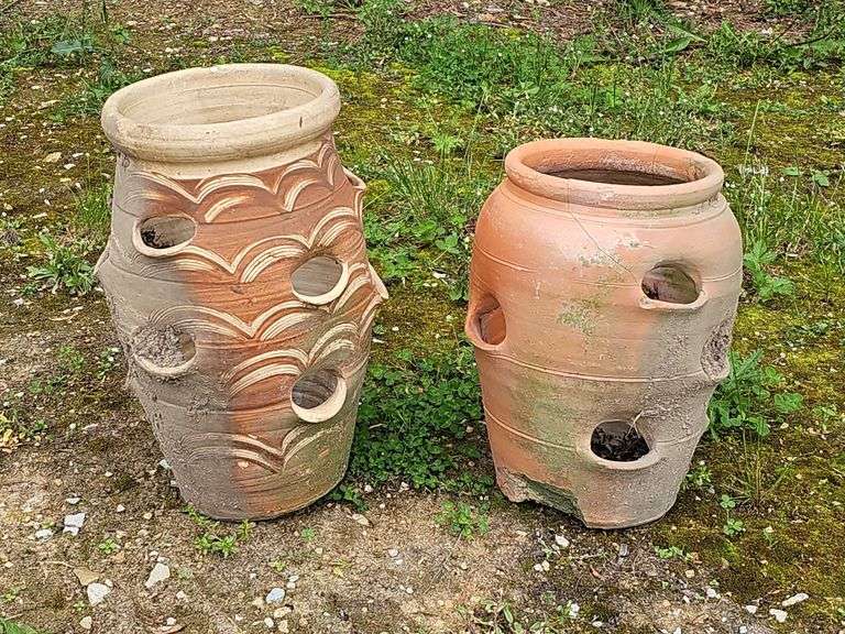 (J) Two Terracotta Strawberry Planters, Two Planter Stands (39" Tall Each) And More