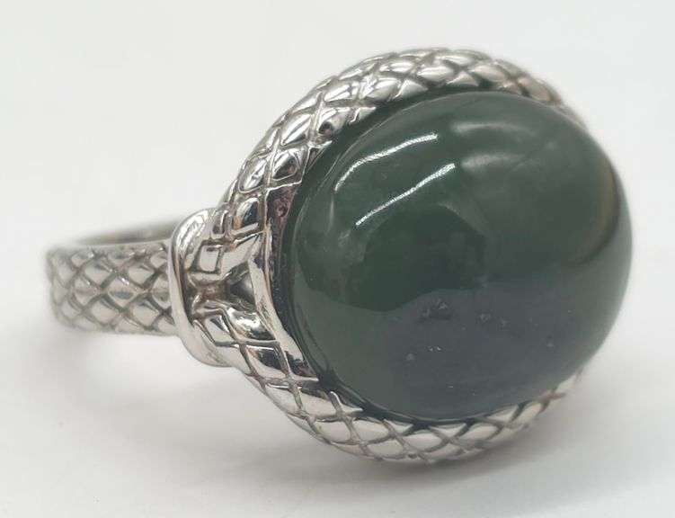 (KC) Jade of Yesteryear Sterling Silver Dark Green Nephrite Jade Ring size 8.