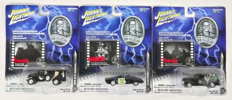 (3) Johnny Lightning Dracula & Frankenstein Die-Cast Cars In Blister Packages