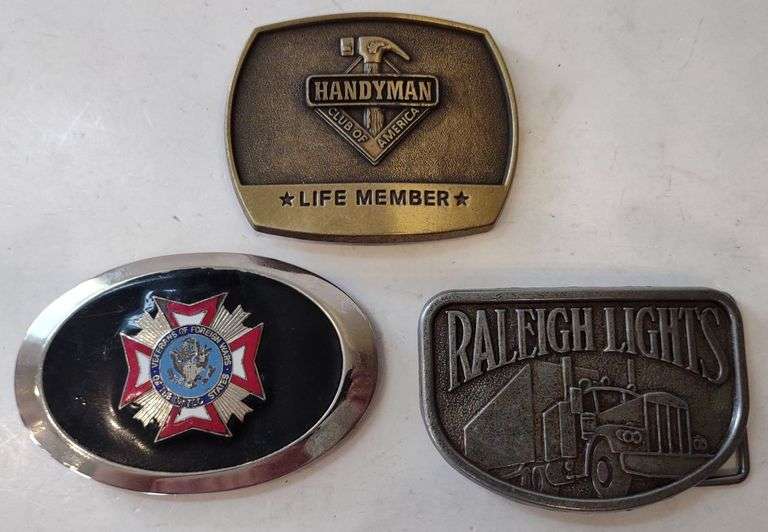 Various Belt Buckles Incl. Handy Man Life Member Club, Veterans Of Foreign War & Raleigh Lights l