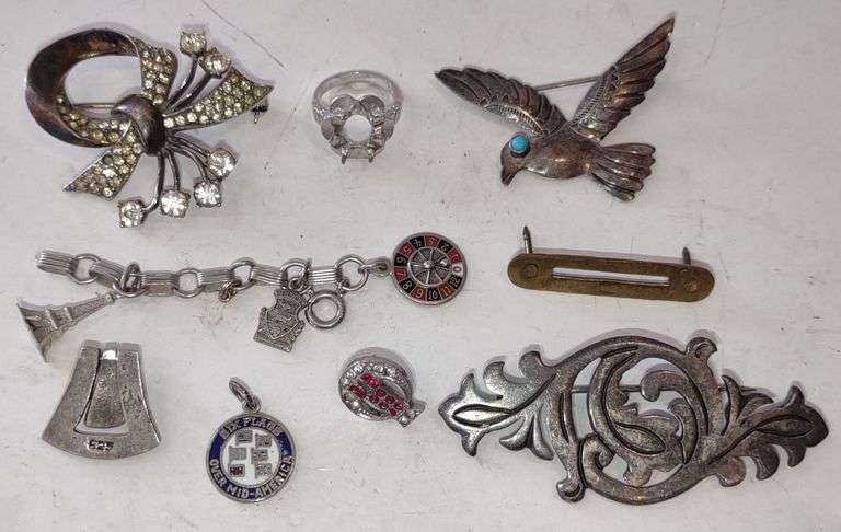 (CC) Sterling Silver 925 Jewelry Pieces Incl. Brooches, Charms & Earrings