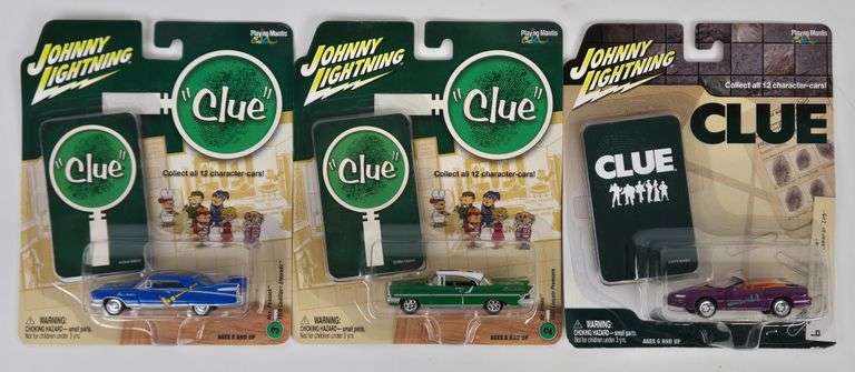 (3) Johnny Lightning "Clue" Die-Cast Cars In Blister Packages