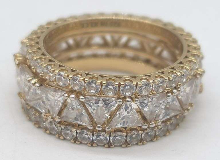 (KC) Gold Over Sterling Trilliant Cut CZ Ring 3 Pc Ring SZ 6 HSN