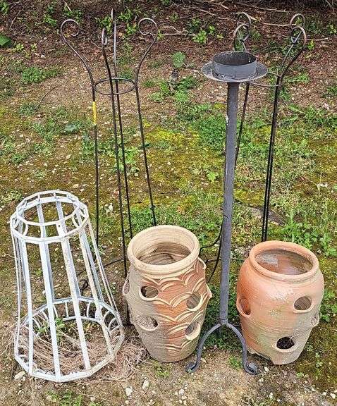 (J) Two Terracotta Strawberry Planters, Two Planter Stands (39" Tall Each) And More