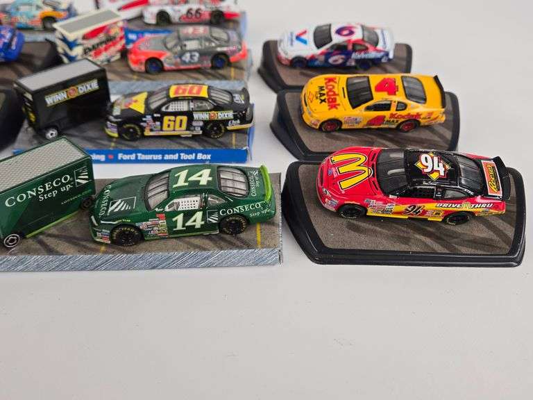 (14) 1/64 Scale Die-Cast Nascar Stock Cars On Display Stands