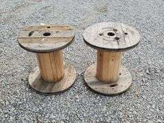 (G) (3) 30 Gallon Plastic Drums and (2) Wooden Spools