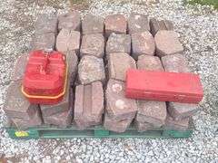 (G) Pallet of Concrete Pavers, Metal 2 Gallon Gas Can, & Triangle Safety Reflector Kit