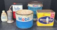 Vintage Mobil Products, Pump Oiler, Neatsfoot Compound, And White Owl Cigar Tin.