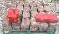 (G) Pallet of Concrete Pavers, Metal 2 Gallon Gas Can, & Triangle Safety Reflector Kit
