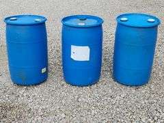 (G) (3) 30 Gallon Plastic Drums and (2) Wooden Spools