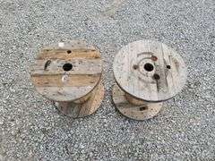 (G) (3) 30 Gallon Plastic Drums and (2) Wooden Spools