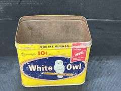Vintage Mobil Products, Pump Oiler, Neatsfoot Compound, And White Owl Cigar Tin.