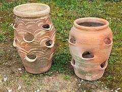 (J) Two Terracotta Strawberry Planters, Two Planter Stands (39" Tall Each) And More