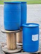 (G) (3) 30 Gallon Plastic Drums and (2) Wooden Spools