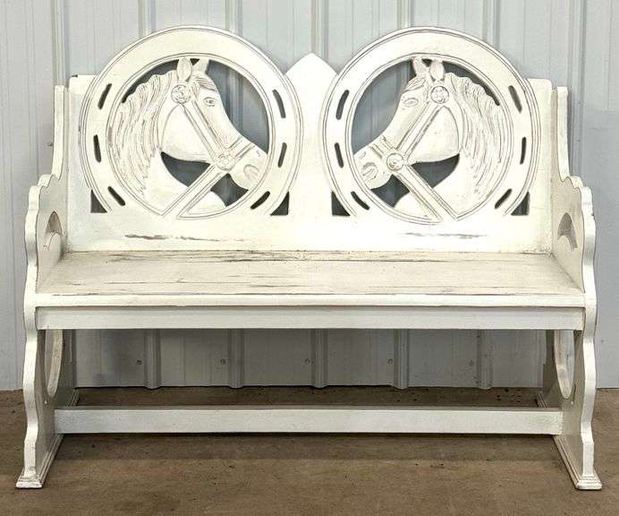 52in Long Carved Wood Painted Horse Bench