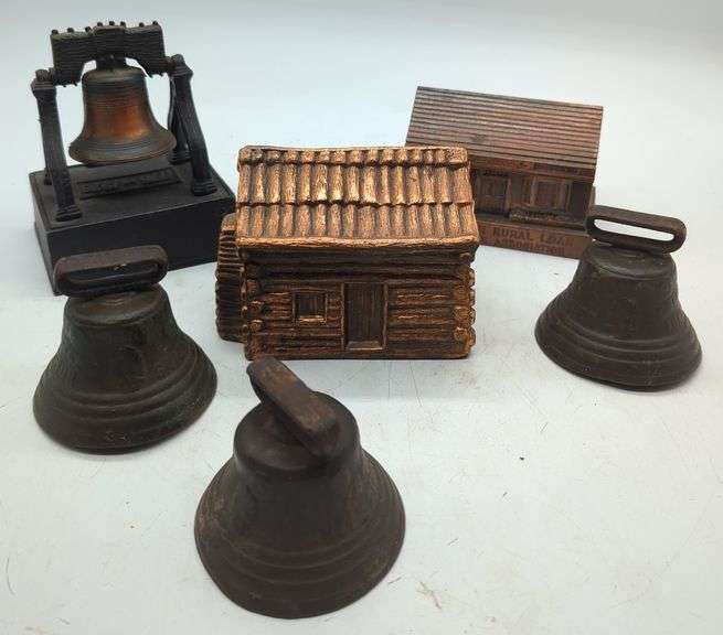 (DE) Brass Coin banks and bells. Approx 5" tallest.