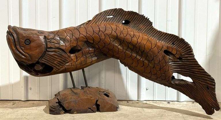 3.5ft Long Carved Wood Fish Sculpture