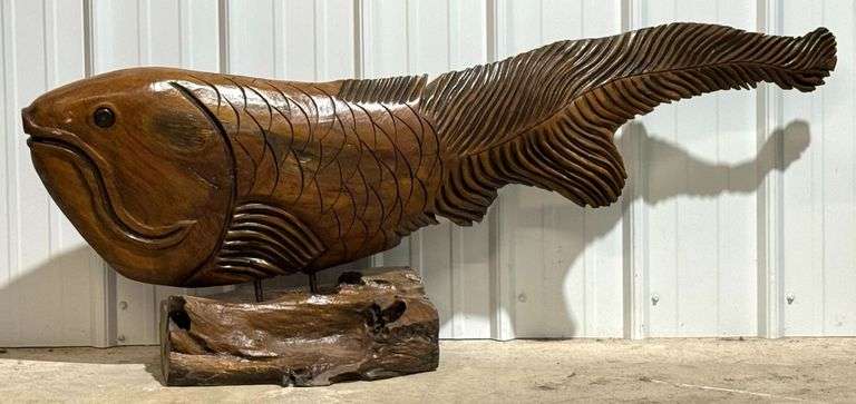 4ft Long Carved Wood Fish Sculpture
