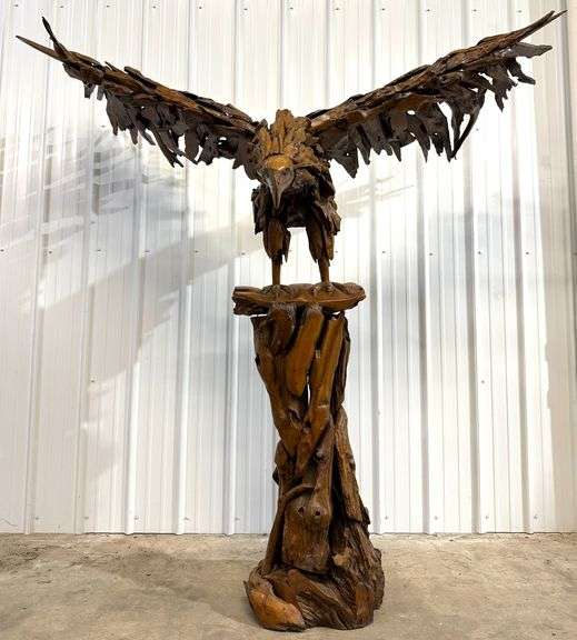 7.5ft Tall Teak Wood Eagle Sculpture
