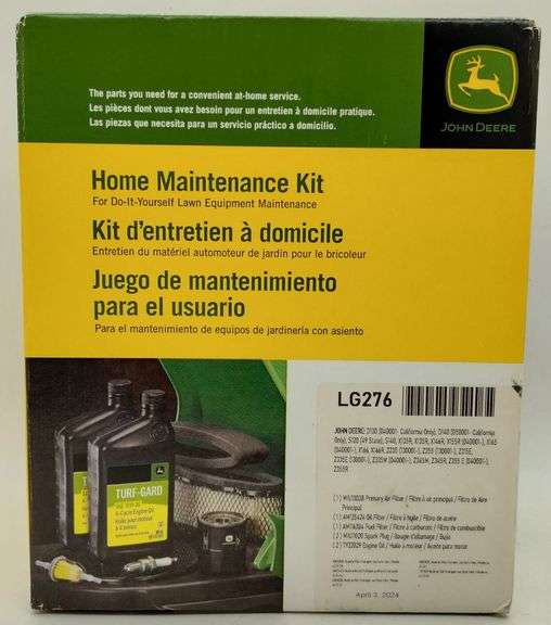 (DE) John Deere lawn equipment home maintenance kit. Contains air, oil and fuel filters, spark plug and engine oil.