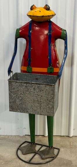 4ft Tall Metal Art Frog Holding Box Sculpture